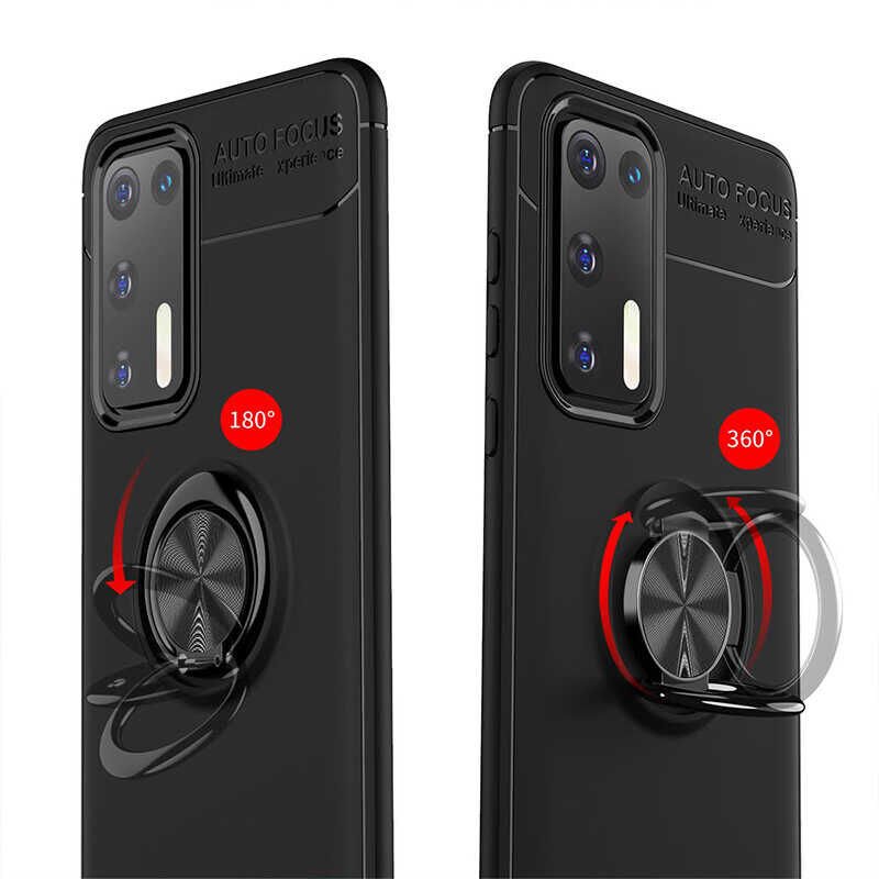 Huawei P40 Kılıf Kamera Çıkıntılı Renkli Yüzüklü Standlı Mıknatıslı Kapak (RAVEL) Siyah-Kırmızı