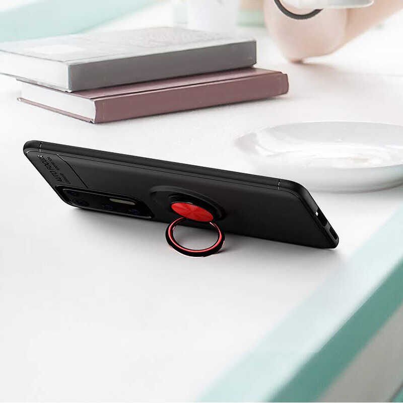 Huawei P40 Kılıf Kamera Çıkıntılı Renkli Yüzüklü Standlı Mıknatıslı Kapak (RAVEL) Siyah-Kırmızı