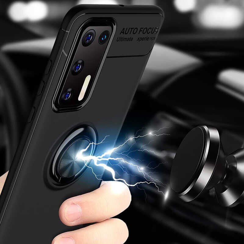 Huawei P40 Kılıf Kamera Çıkıntılı Renkli Yüzüklü Standlı Mıknatıslı Kapak (RAVEL) Siyah-Mavi