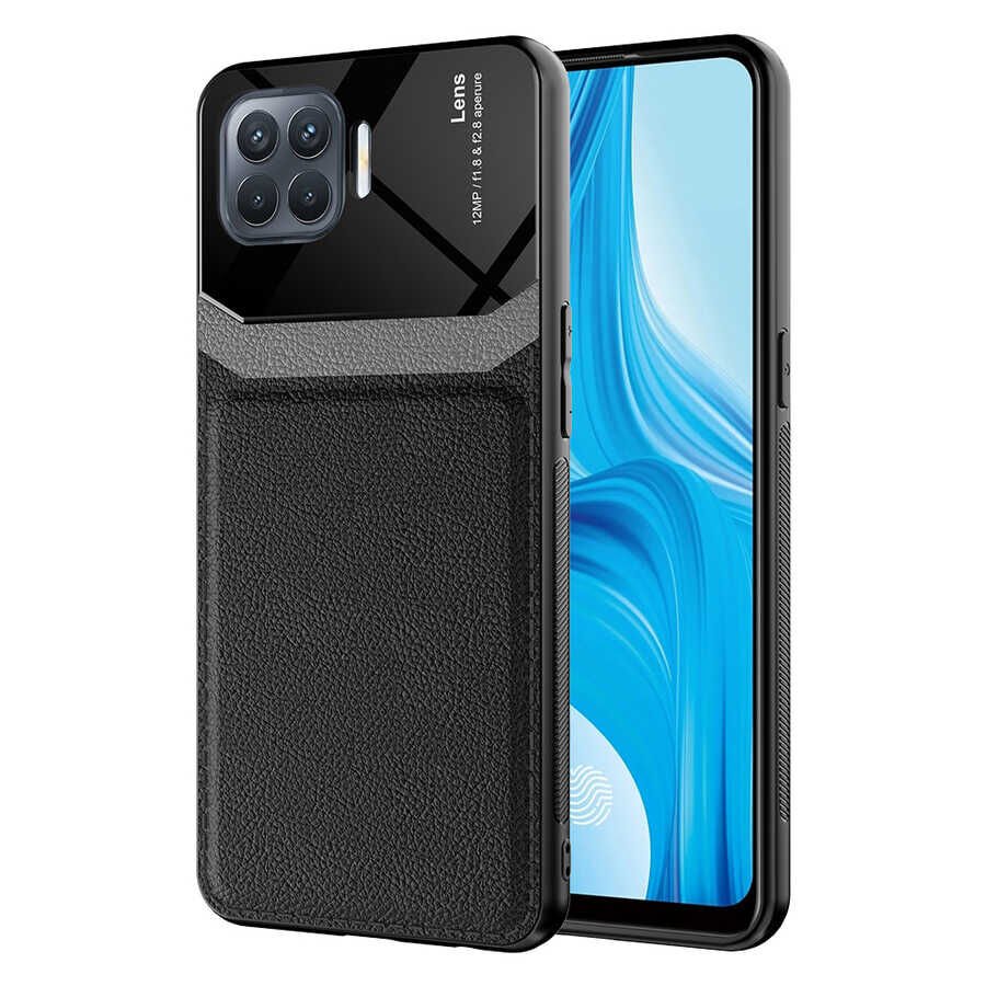 Oppo Reno 4 Lite Kılıf Parlak Sert Pc Deri Görünümlü Şık Tasarım Silikon Kapak (Emiks) Siyah