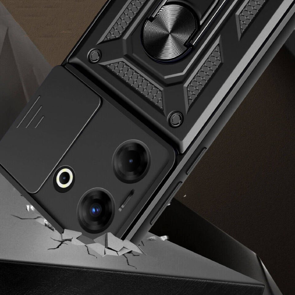 Tecno Camon 20 Pro 4G Kılıf Sürgülü Tank Zırh Yüzüklü Mıknatıslı Standlı Kapak (S-VEGA) Mavi
