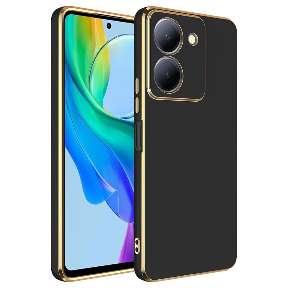 Vivo Y36 4G Kılıf Parlak Kenarlı Altın Işlemeli Kamera Korumalı Kapak (BARK) Siyah