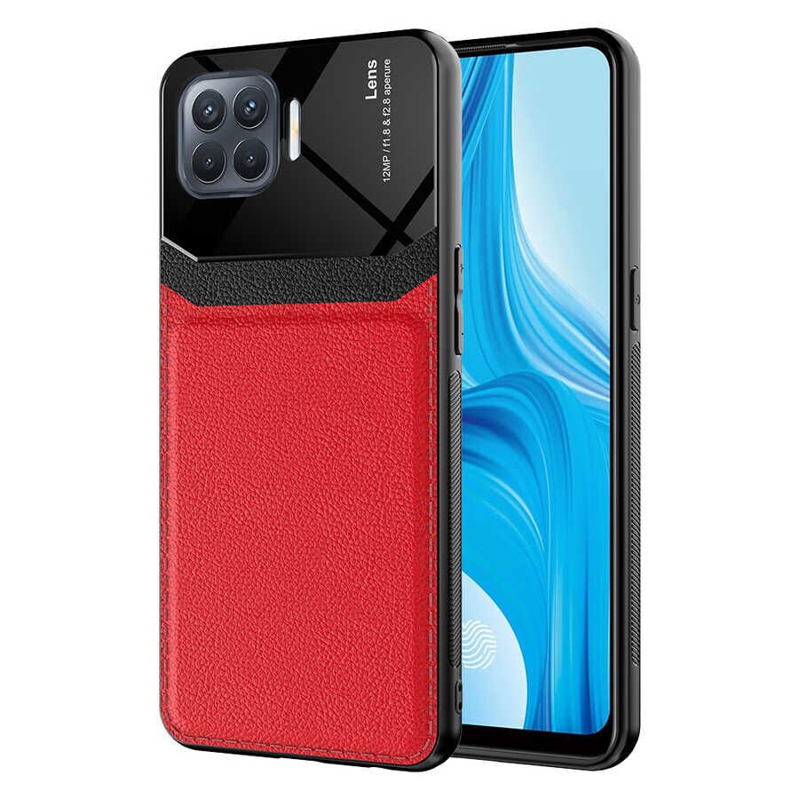 Oppo Reno 4 Lite Kılıf Parlak Sert Pc Deri Görünümlü Şık Tasarım Silikon Kapak (Emiks) Kırmızı