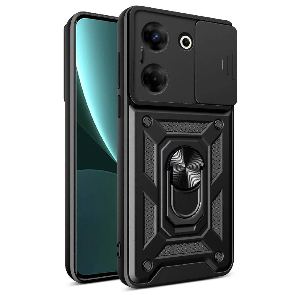 Tecno Camon 20 Pro 4G Kılıf Sürgülü Tank Zırh Yüzüklü Mıknatıslı Standlı Kapak (S-VEGA) Siyah