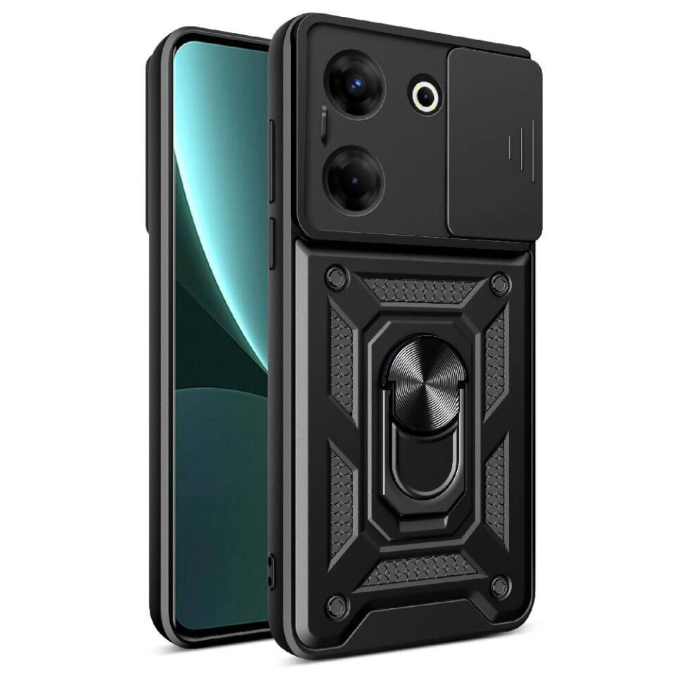 Tecno Camon 20 Pro 4G Kılıf Sürgülü Tank Zırh Yüzüklü Mıknatıslı Standlı Kapak (S-VEGA) Siyah