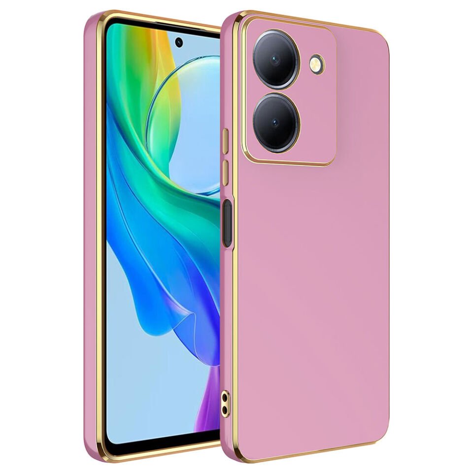 Vivo Y36 4G Kılıf Parlak Kenarlı Altın Işlemeli Kamera Korumalı Kapak (BARK) Mor