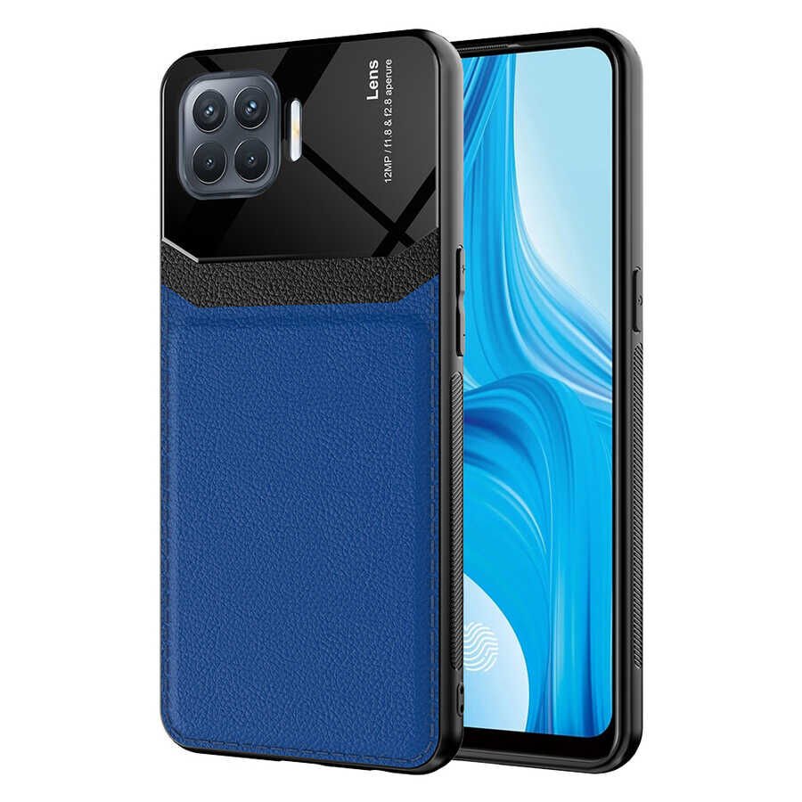 Oppo Reno 4 Lite Kılıf Parlak Sert Pc Deri Görünümlü Şık Tasarım Silikon Kapak (Emiks) Lacivert
