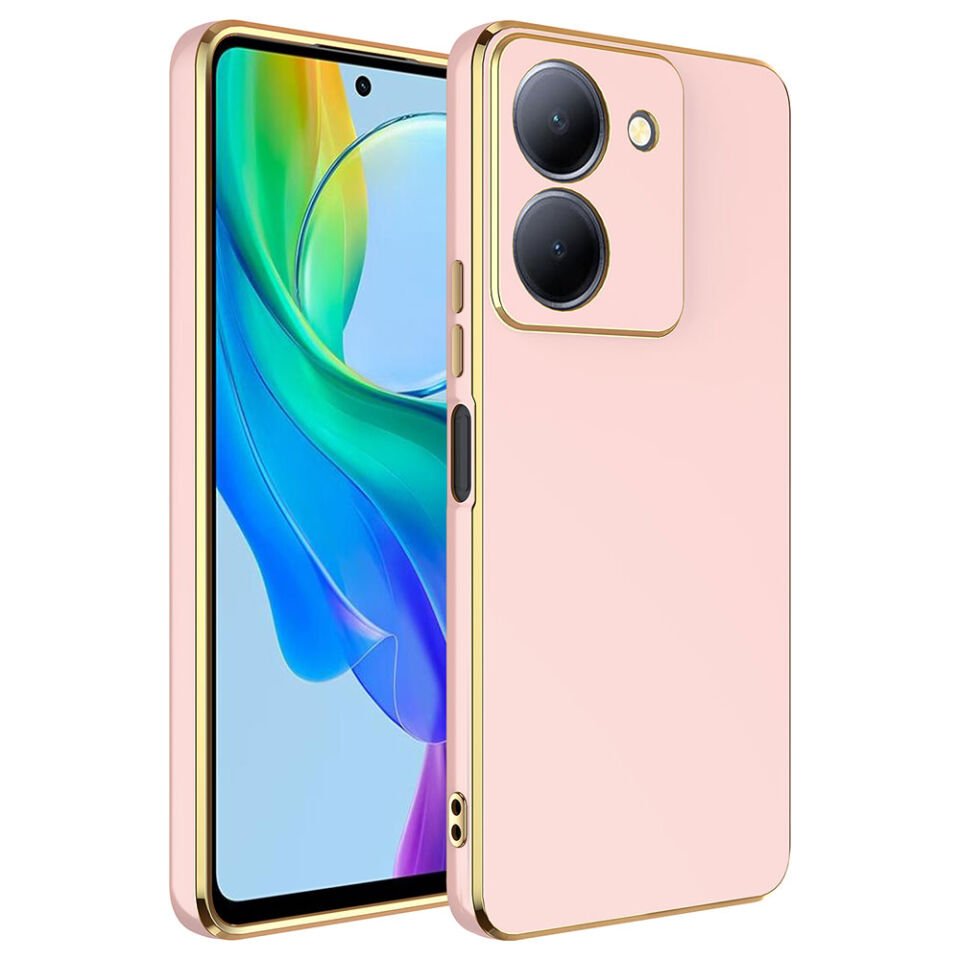Vivo Y36 4G Kılıf Parlak Kenarlı Altın Işlemeli Kamera Korumalı Kapak (BARK) Rose Gold
