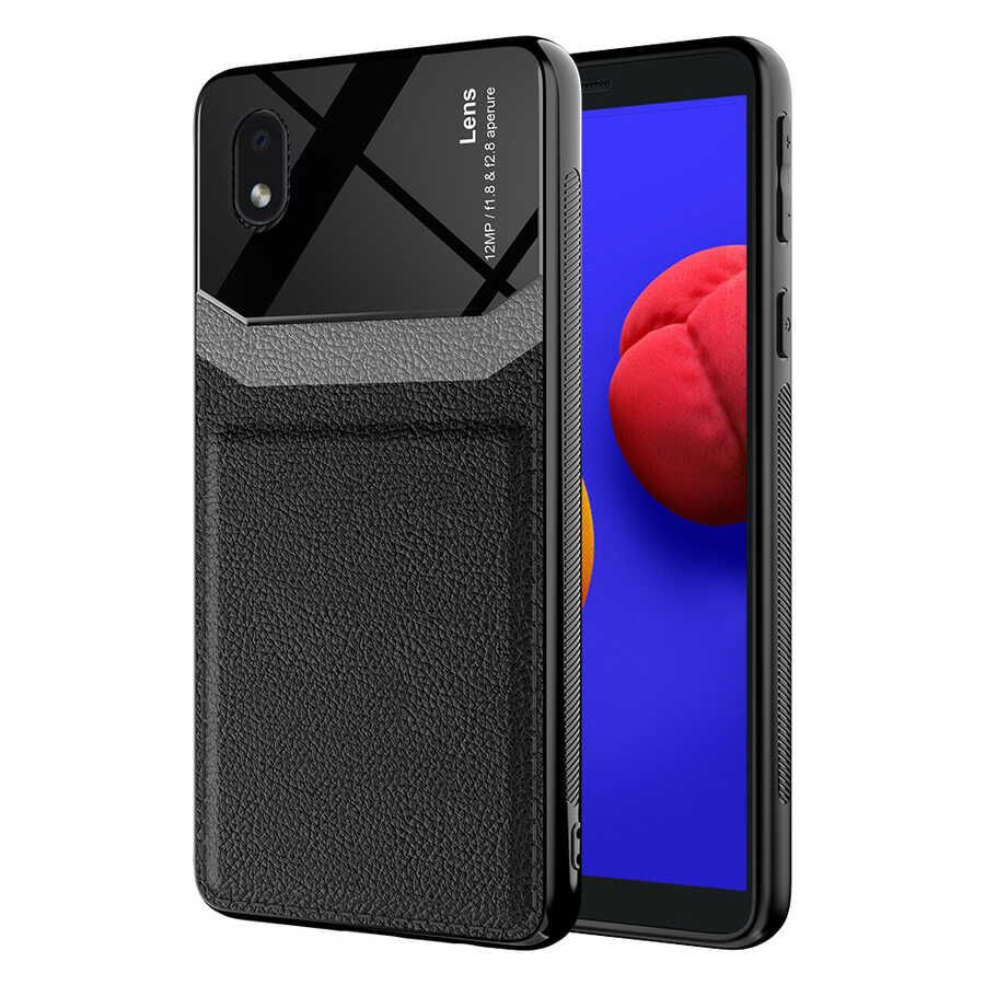 Samsung Galaxy A01 Core Kılıf Parlak Sert Pc Deri Görünümlü Şık Tasarım Silikon Kapak (Emiks) Siyah