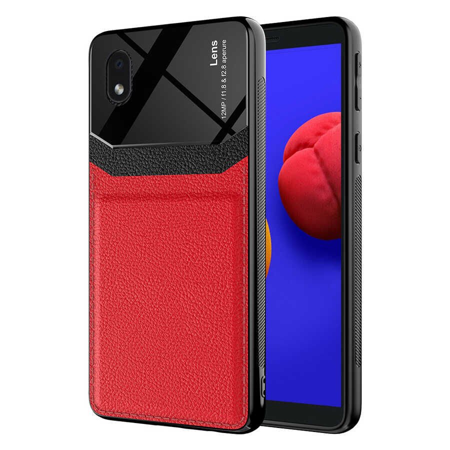 Samsung Galaxy A01 Core Kılıf Parlak Sert Pc Deri Görünümlü Şık Tasarım Silikon Kapak (Emiks) Kırmızı