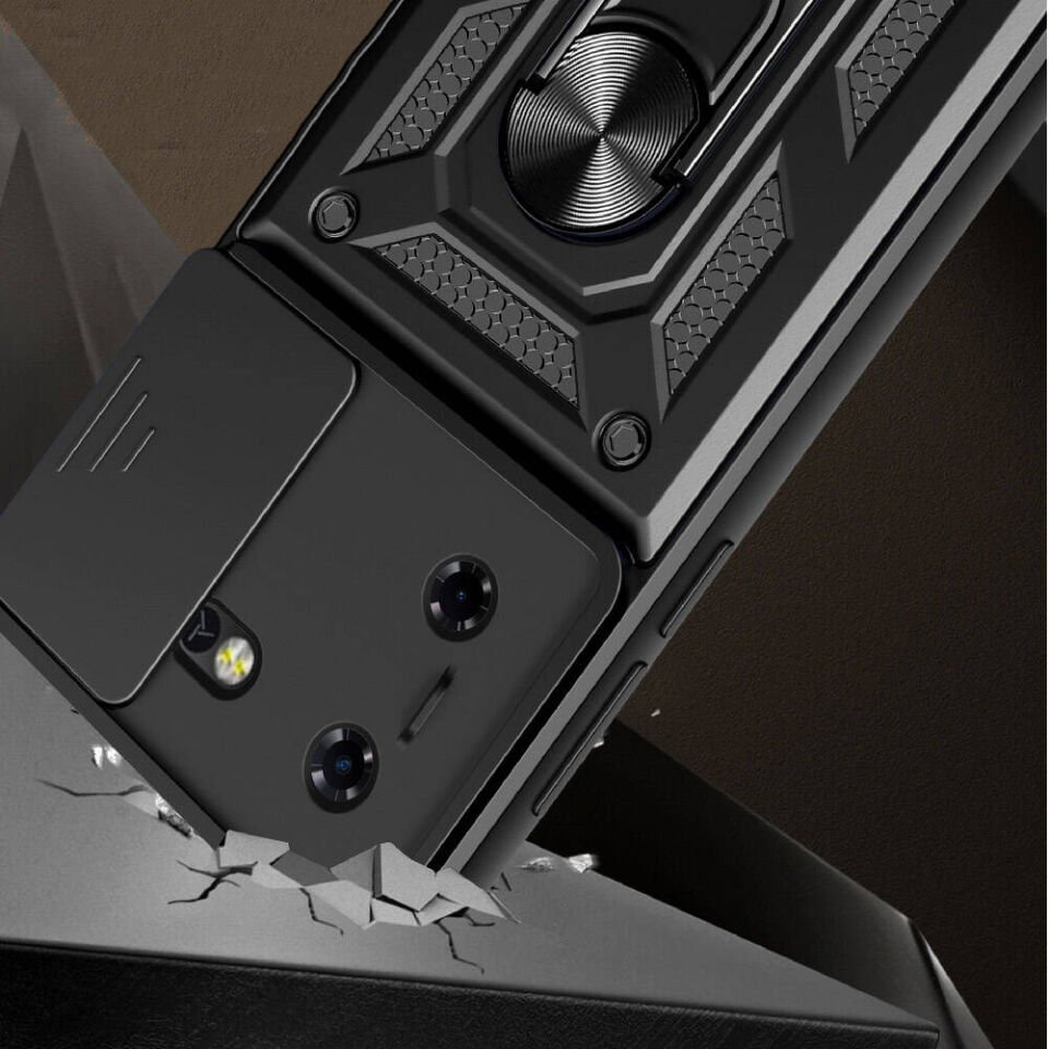 Tecno Pova 5 Kılıf Sürgülü Tank Zırh Yüzüklü Mıknatıslı Standlı Kapak (S-VEGA) Mavi