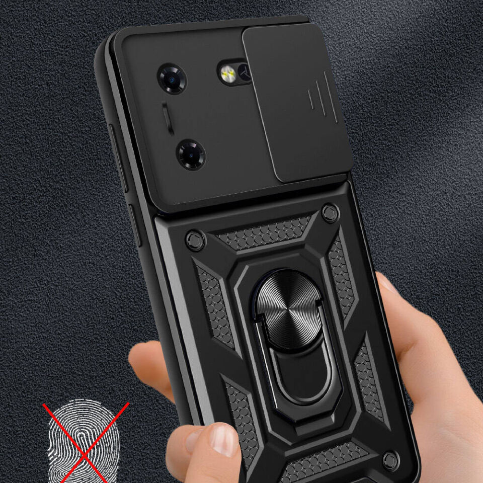 Tecno Pova 5 Kılıf Sürgülü Tank Zırh Yüzüklü Mıknatıslı Standlı Kapak (S-VEGA) Mavi