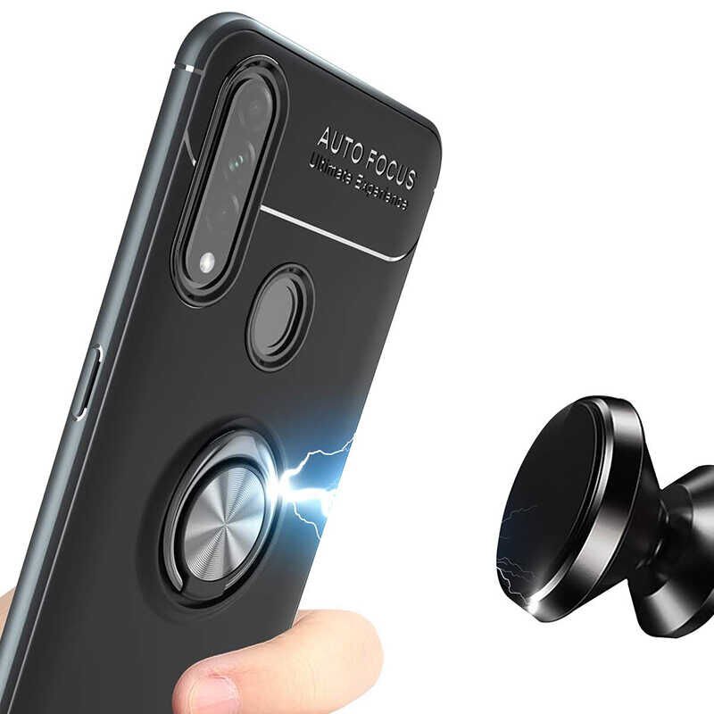 Oppo A31 Kılıf Kamera Çıkıntılı Renkli Yüzüklü Standlı Mıknatıslı Kapak (RAVEL) Siyah-Kırmızı