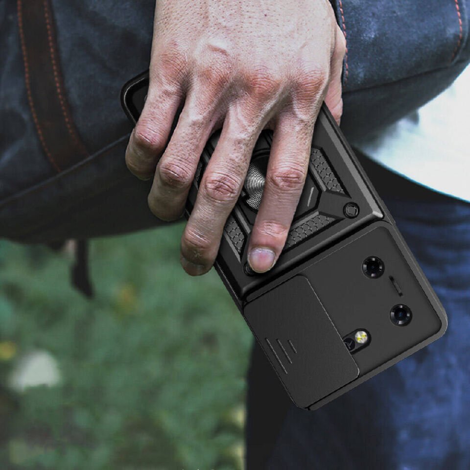 Tecno Pova 5 Kılıf Sürgülü Tank Zırh Yüzüklü Mıknatıslı Standlı Kapak (S-VEGA) Siyah