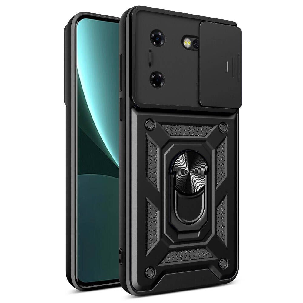 Tecno Pova 5 Kılıf Sürgülü Tank Zırh Yüzüklü Mıknatıslı Standlı Kapak (S-VEGA) Siyah