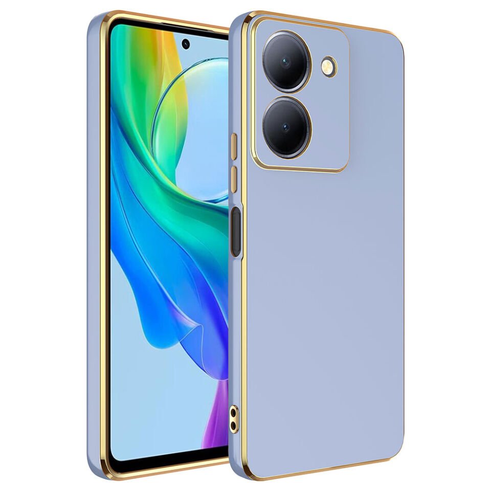 Vivo Y36 4G Kılıf Parlak Kenarlı Altın Işlemeli Kamera Korumalı Kapak (BARK) Mavi Açık