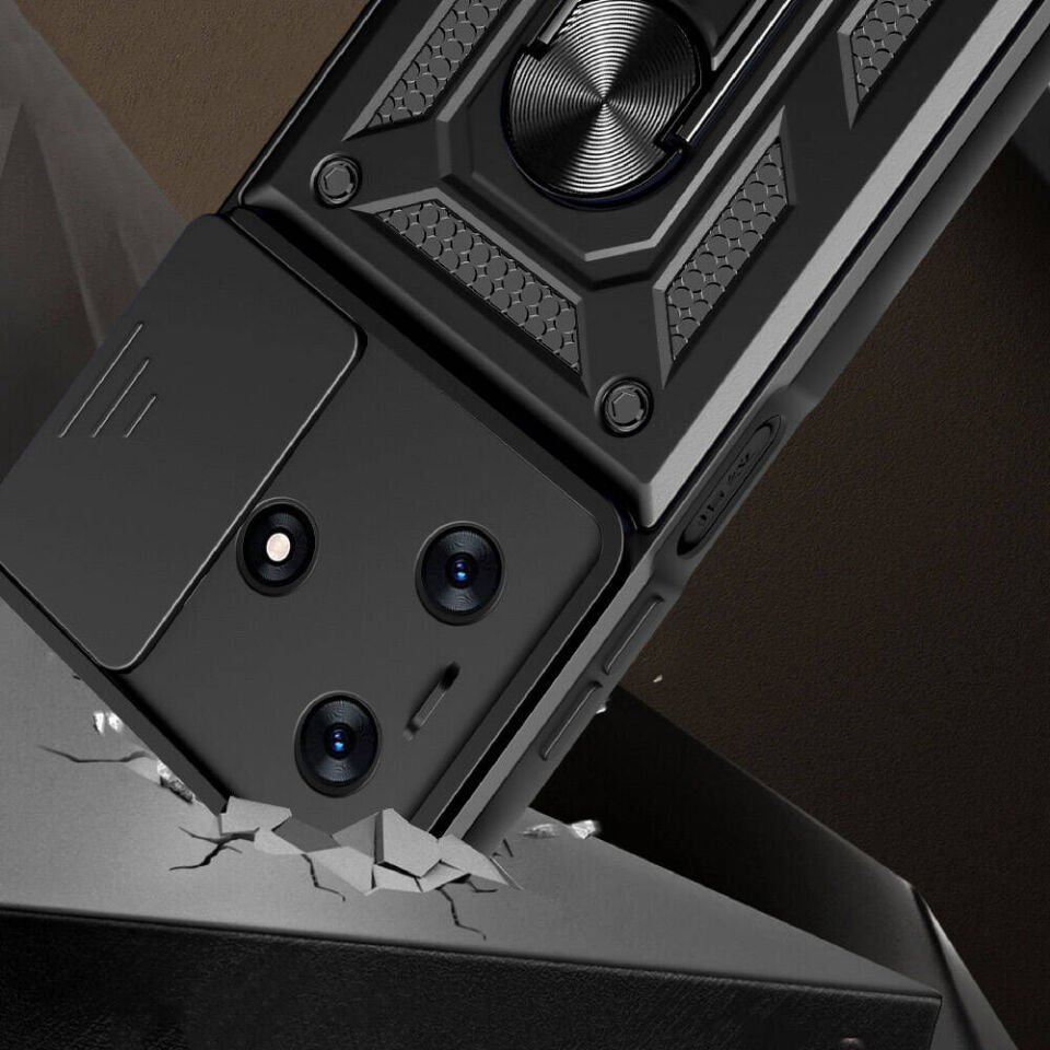 Tecno Spark 10C Kılıf Sürgülü Tank Zırh Yüzüklü Mıknatıslı Standlı Kapak (S-VEGA) Mavi