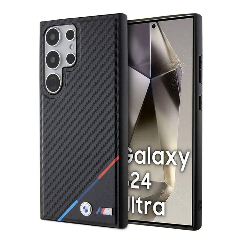Samsung Galaxy S24 Ultra Kılıf BMW Orjinal Lisanslı Magsafe Şarj Özellikli M Logolu Üç Çizgili PU Karbon Kapak