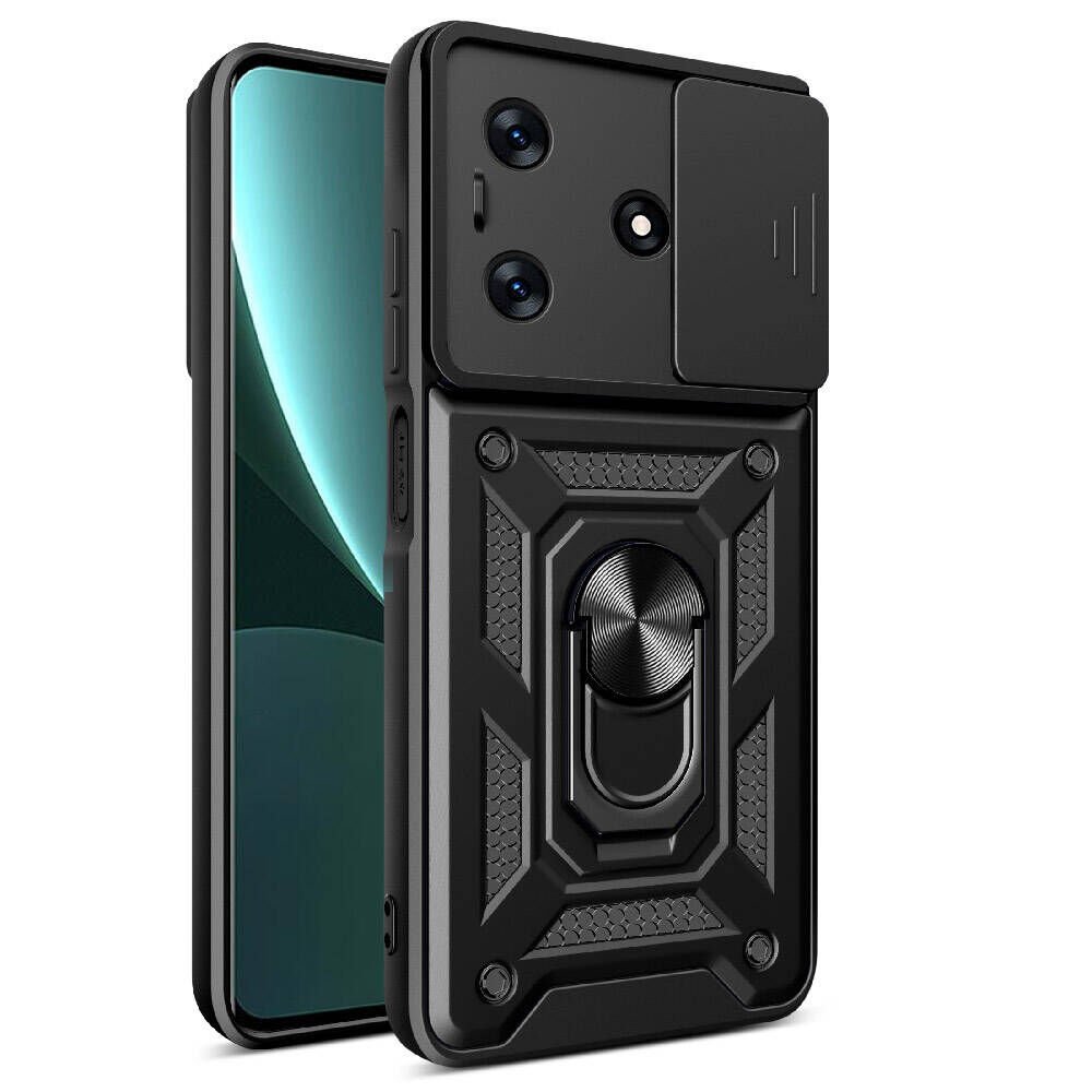 Tecno Spark 10C Kılıf Sürgülü Tank Zırh Yüzüklü Mıknatıslı Standlı Kapak (S-VEGA) Siyah