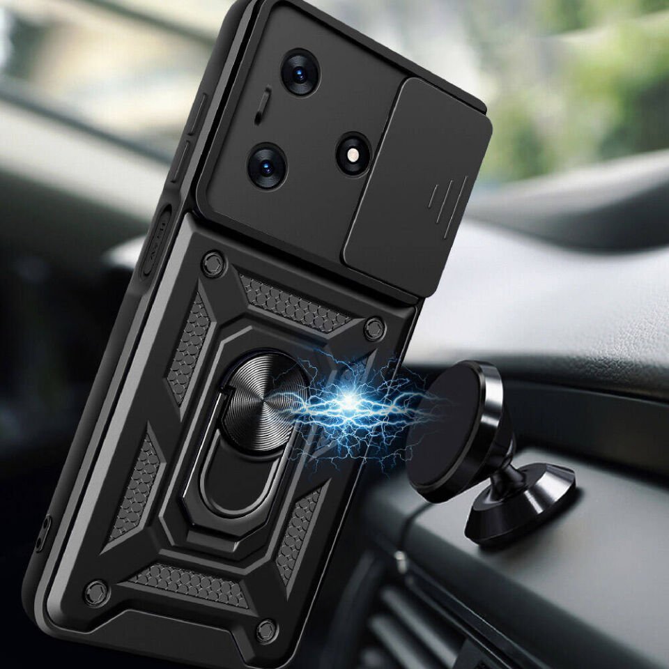 Tecno Spark 10C Kılıf Sürgülü Tank Zırh Yüzüklü Mıknatıslı Standlı Kapak (S-VEGA) Siyah