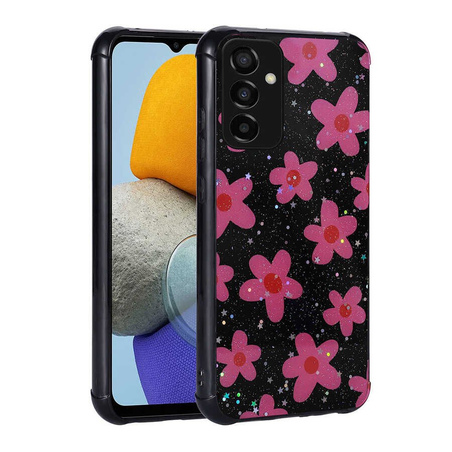 Samsung Galaxy M23 Kılıf Simli Desenli Köşe Kamera Korumalı Darbe Emici Silikon Kapak (Popy) Çiçek