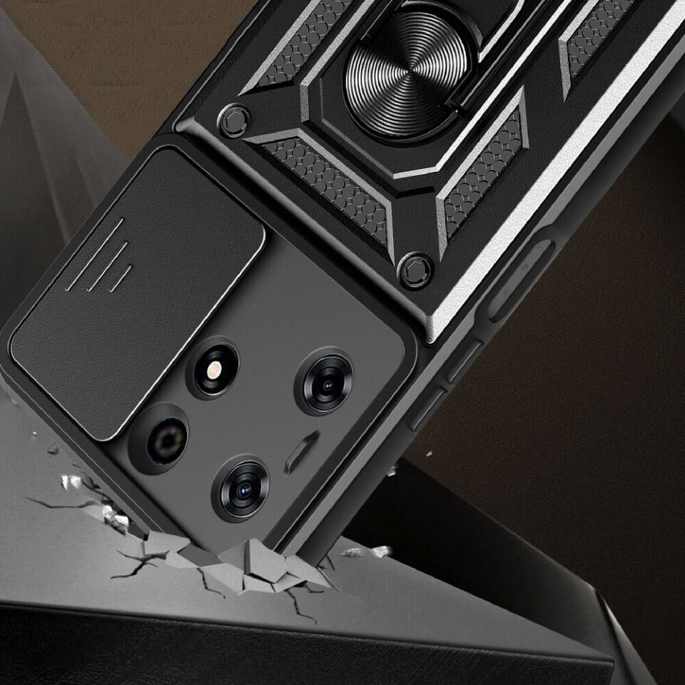 Tecno Spark 10 Pro Kılıf Sürgülü Tank Zırh Yüzüklü Mıknatıslı Standlı Kapak (S-VEGA) Siyah