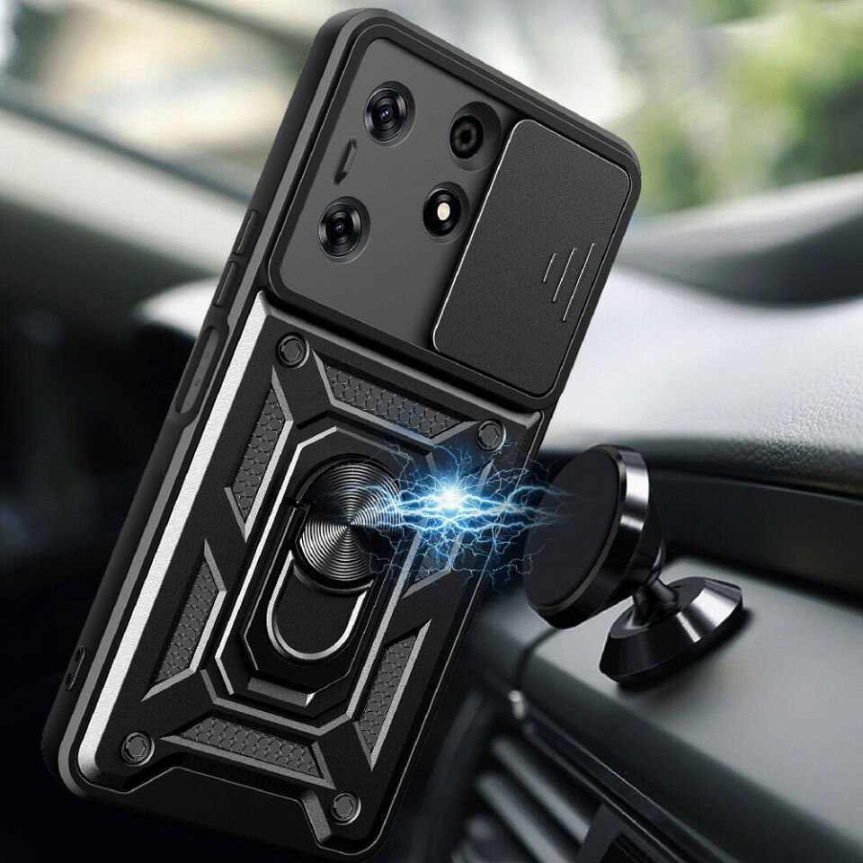 Tecno Spark 10 Pro Kılıf Sürgülü Tank Zırh Yüzüklü Mıknatıslı Standlı Kapak (S-VEGA) Siyah
