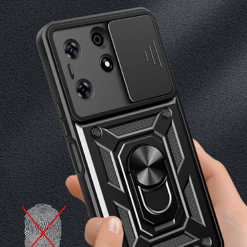 Tecno Spark 10 Pro Kılıf Sürgülü Tank Zırh Yüzüklü Mıknatıslı Standlı Kapak (S-VEGA) Siyah