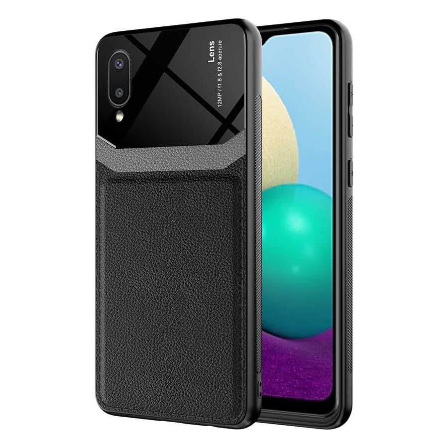 Samsung Galaxy A02 Kılıf Parlak Sert Pc Deri Görünümlü Şık Tasarım Silikon Kapak (Emiks) Siyah