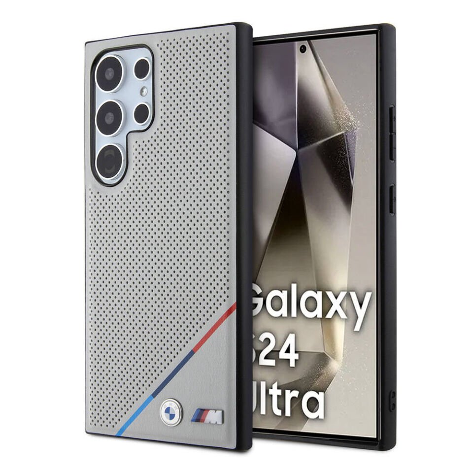 Samsung Galaxy S24 Ultra Kılıf BMW Orjinal Lisanslı Magsafe Şarj Özellikli M Logolu Üç Çizgili Delikli Deri Kapak