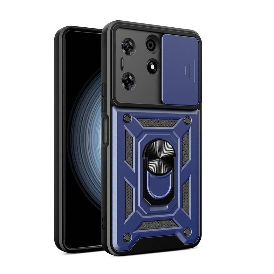 Tecno Spark 10 Pro Kılıf Sürgülü Tank Zırh Yüzüklü Mıknatıslı Standlı Kapak (S-VEGA) Mavi