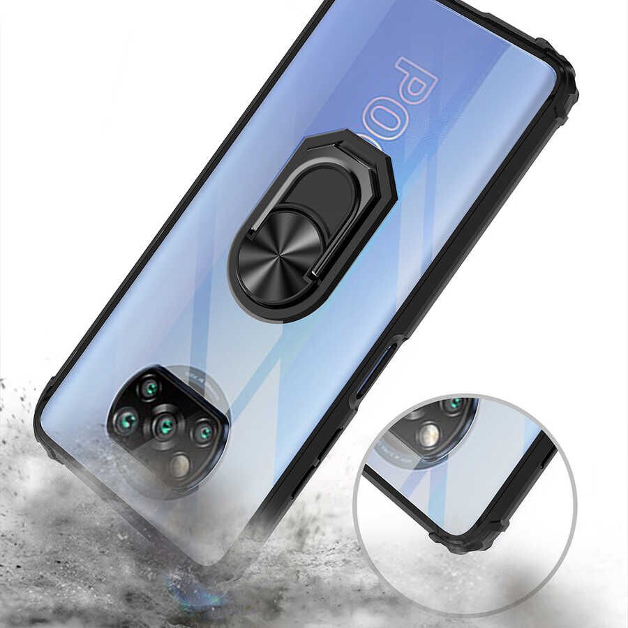 Xiaomi Poco X3 Kılıf Arkası Şeffaf Kenarları Renkli Yüzüklü Tank Kapak (MOLA) Siyah