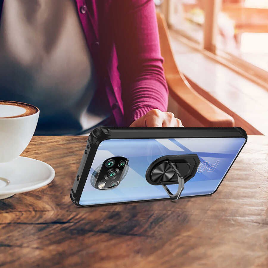 Xiaomi Poco X3 Kılıf Arkası Şeffaf Kenarları Renkli Yüzüklü Tank Kapak (MOLA) Kırmızı