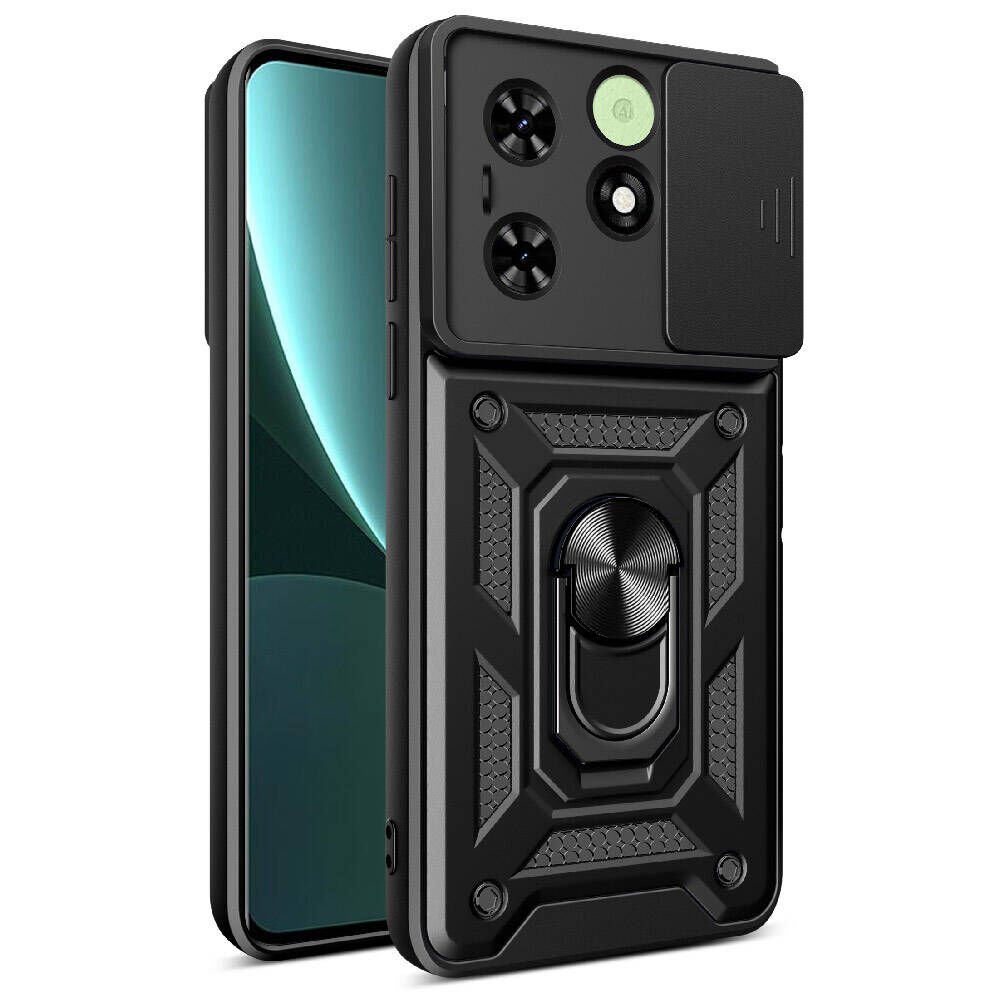 Tecno Spark Go 2024 Kılıf Sürgülü Tank Zırh Yüzüklü Mıknatıslı Standlı Kapak (S-VEGA) Siyah