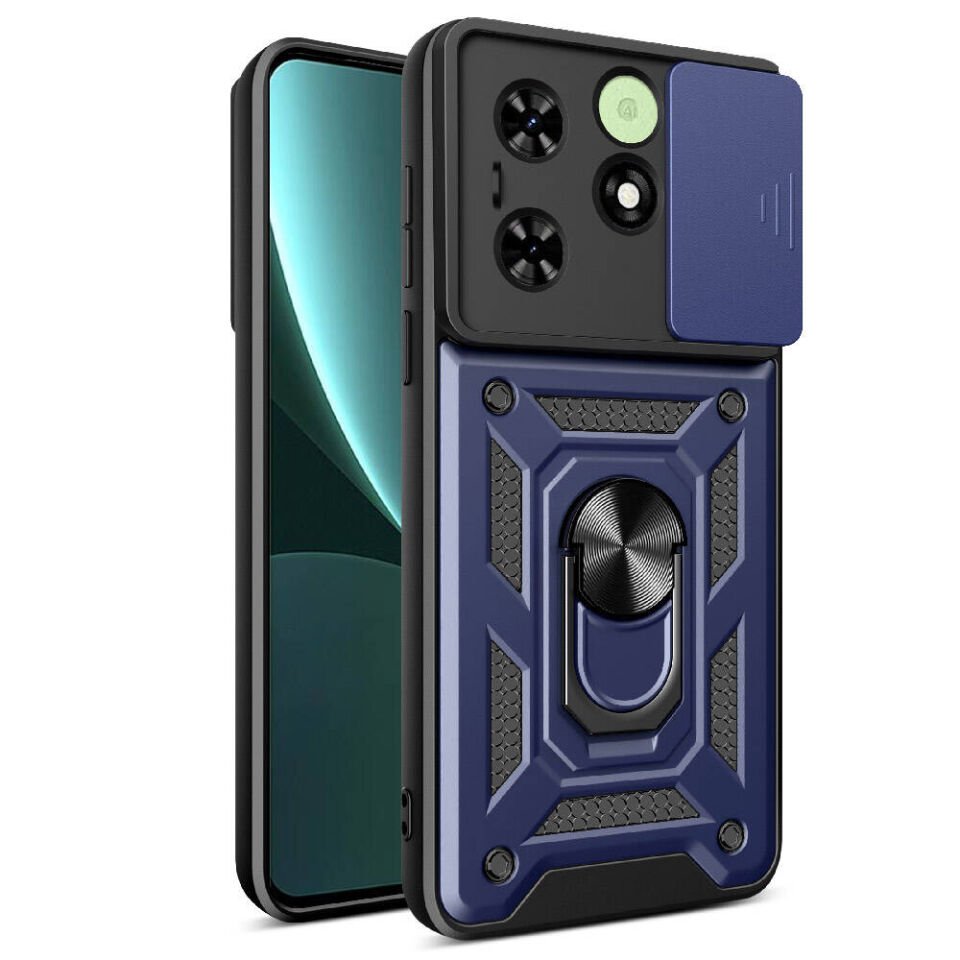 Tecno Spark Go 2024 Kılıf Sürgülü Tank Zırh Yüzüklü Mıknatıslı Standlı Kapak (S-VEGA) Mavi