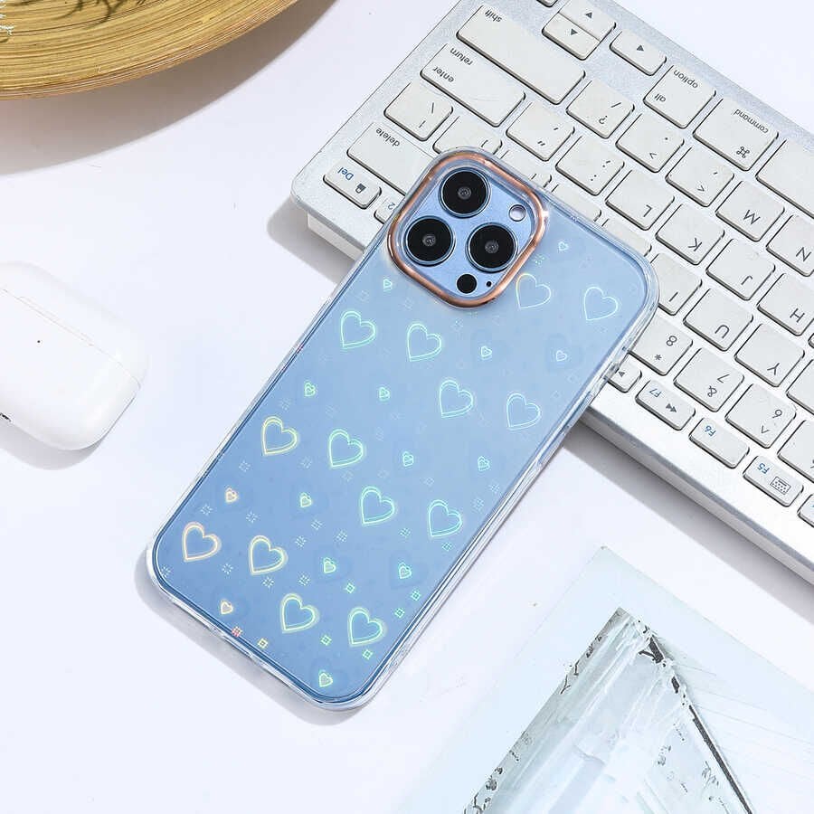 Apple  iPhone 13 Pro Max Kılıf Renkli Transparan Parlak Desenli Sert Kapak (SİDNEY) Heart No1