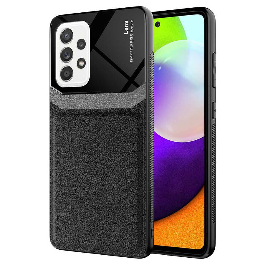 Samsung Galaxy A52 Kılıf Parlak Sert Pc Deri Görünümlü Şık Tasarım Silikon Kapak (Emiks) Siyah