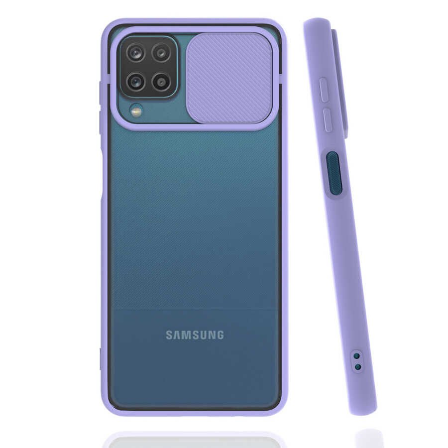 Samsung Galaxy A12 Kılıf Slayt Sürgülü Kamera Korumalı Renkli Silikon Kapak Lila