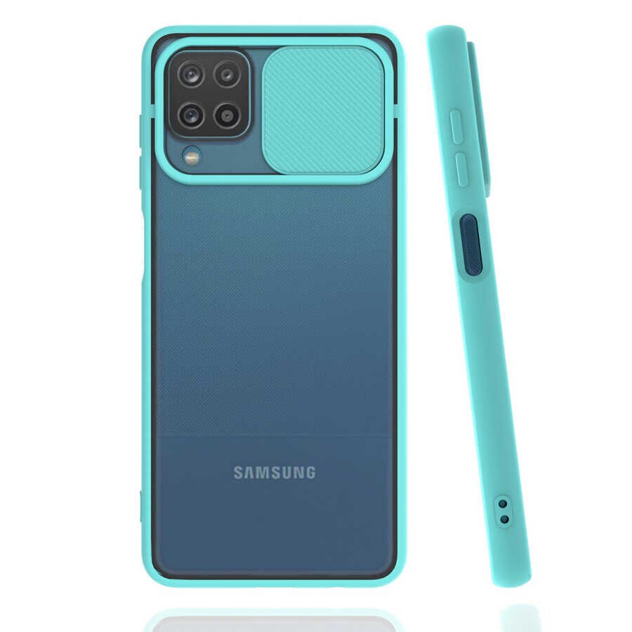 Samsung Galaxy A12 Kılıf Slayt Sürgülü Kamera Korumalı Renkli Silikon Kapak Turkuaz