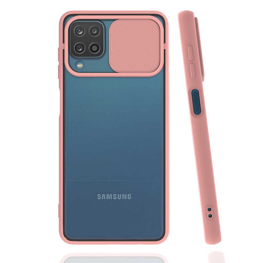 Samsung Galaxy A12 Kılıf Slayt Sürgülü Kamera Korumalı Renkli Silikon Kapak Pembe Açık