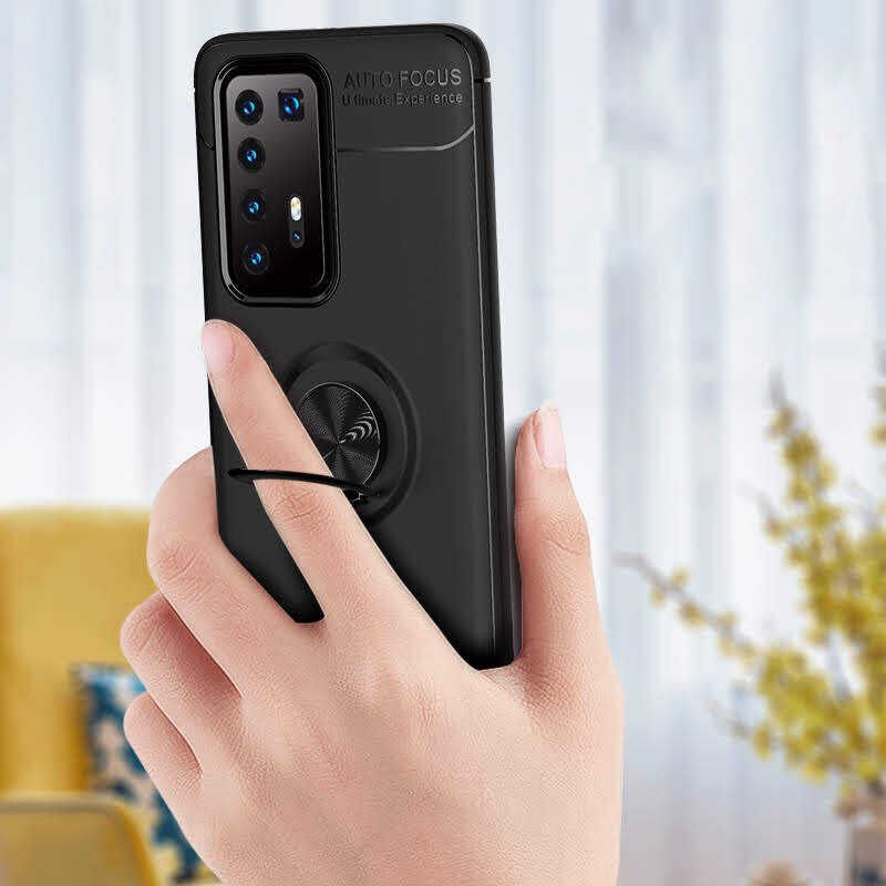 Huawei P40 Pro Kılıf Kamera Çıkıntılı Renkli Yüzüklü Standlı Mıknatıslı Kapak (RAVEL) Kırmızı