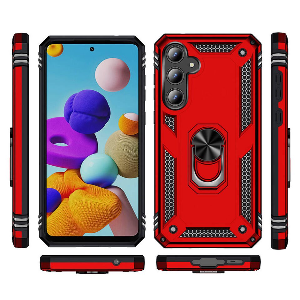 Samsung Galaxy A55 Kılıf Tank Zırh Yüzüklü Mıknatıslı Standlı Kapak (VEGA BLOK) Kırmızı