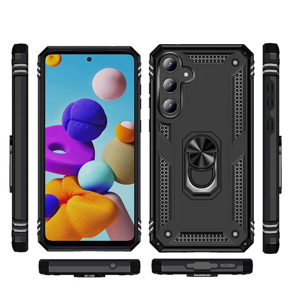 Samsung Galaxy A55 Kılıf Tank Zırh Yüzüklü Mıknatıslı Standlı Kapak (VEGA BLOK) Siyah