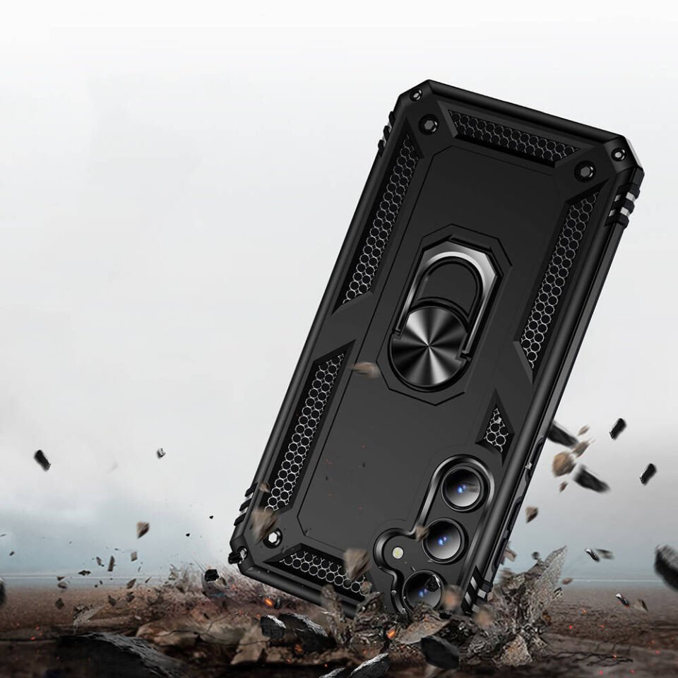 Samsung Galaxy A55 Kılıf Tank Zırh Yüzüklü Mıknatıslı Standlı Kapak (VEGA BLOK) Siyah