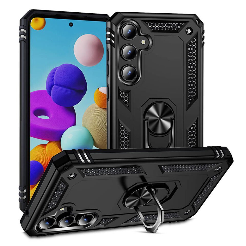 Samsung Galaxy A55 Kılıf Tank Zırh Yüzüklü Mıknatıslı Standlı Kapak (VEGA BLOK) Siyah