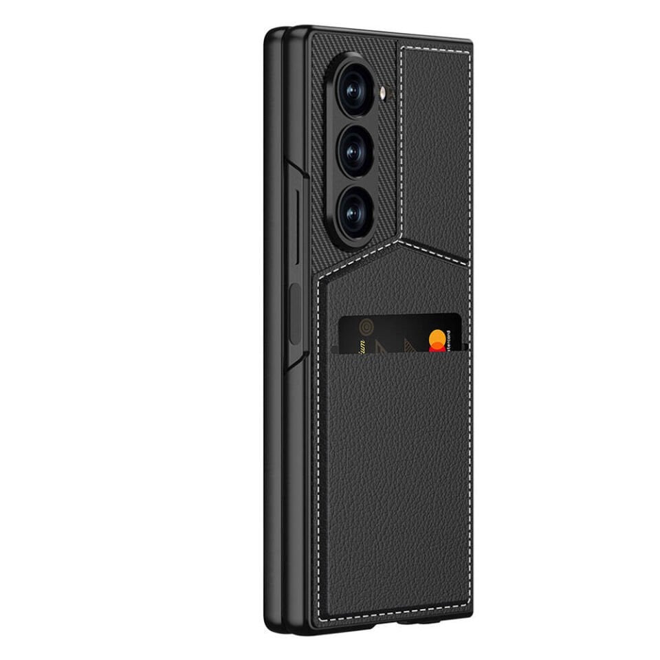 Samsung Galaxy Z Fold 6 Kılıf Karbon Fiber Deri Kartlıklı HEPTEKİLETİŞİM Kıpta Dik Açılan Kartlıklı Kapak