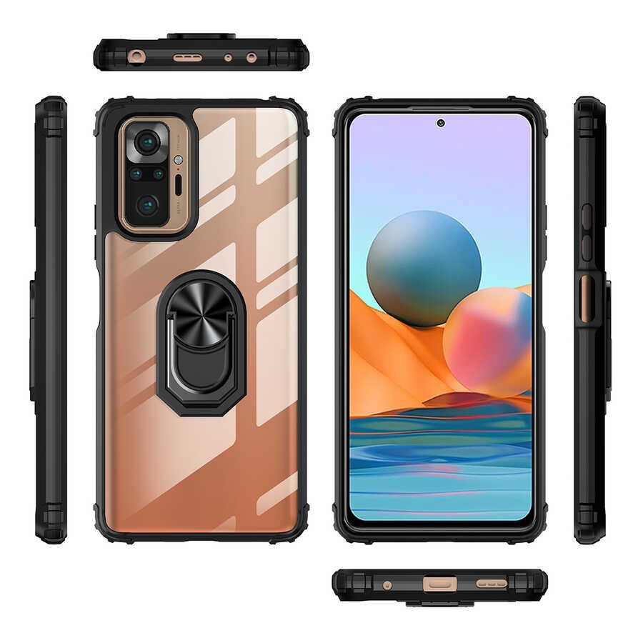 Xiaomi Redmi Note 10 Pro Kılıf Arkası Şeffaf Kenarları Renkli Yüzüklü Tank Kapak (MOLA) Kırmızı