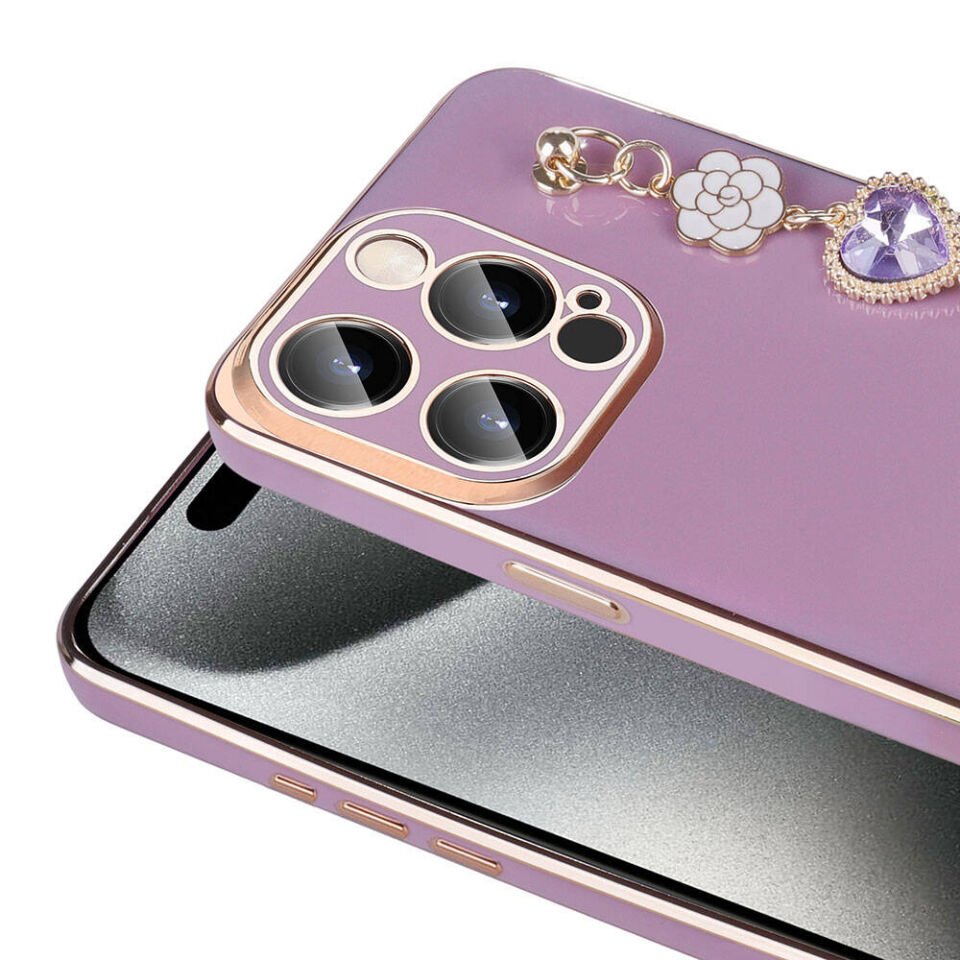 Apple iPhone 15 Pro Max Kılıf Çiçek Desenli Askılı Tutamaçlı Kamera Korumalı Kapak (TAKA) Pembe