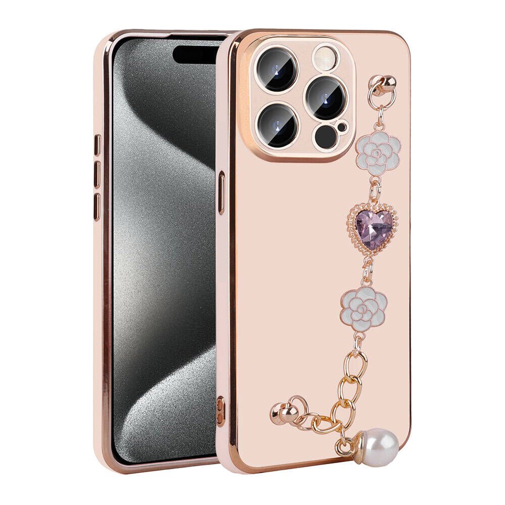 Apple iPhone 15 Pro Max Kılıf Çiçek Desenli Askılı Tutamaçlı Kamera Korumalı Kapak (TAKA) Pembe