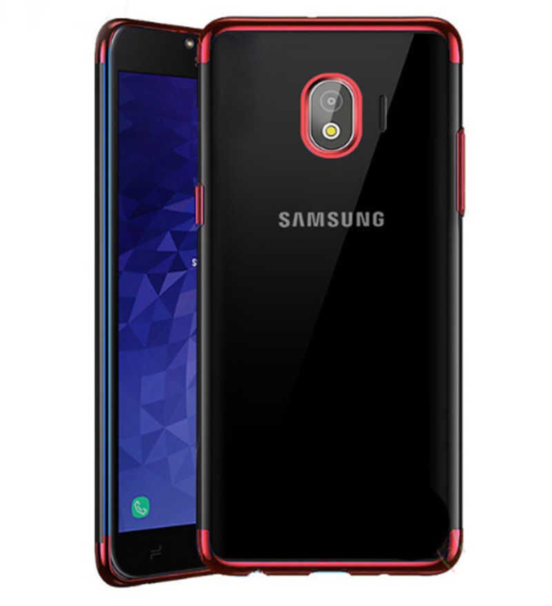 Samsung Galaxy J4 Kılıf Dört Köşe Renkli Lazer Şeffaf Silikon Kapak (GLİTTER) Kırmızı